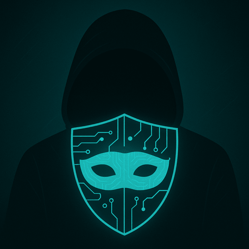 Digital illustration of a hooded hacker silhouette wearing a glowing teal AI-inspired mask with circuit patterns, symbolizing AI-powered social engineering.
