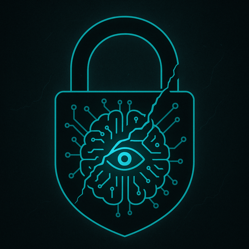 Digital illustration of a glowing teal padlock with a cracked circuit-brain and central AI eye, symbolizing the risks of over-reliance on AI for cybersecurity.