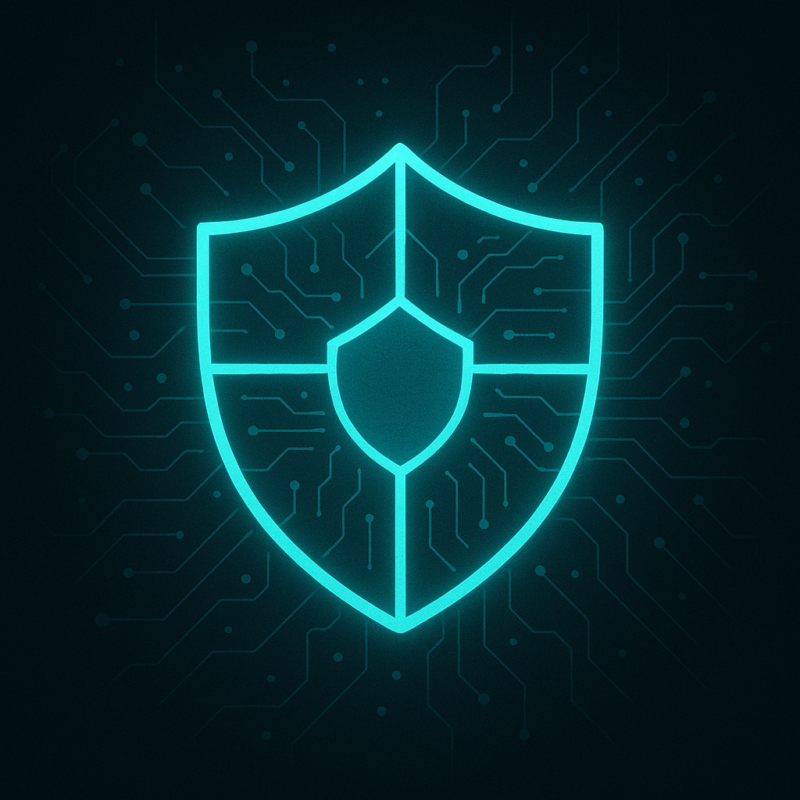 Digital illustration of a glowing teal shield divided into five sections with circuit patterns, symbolizing AI security tips for end users.