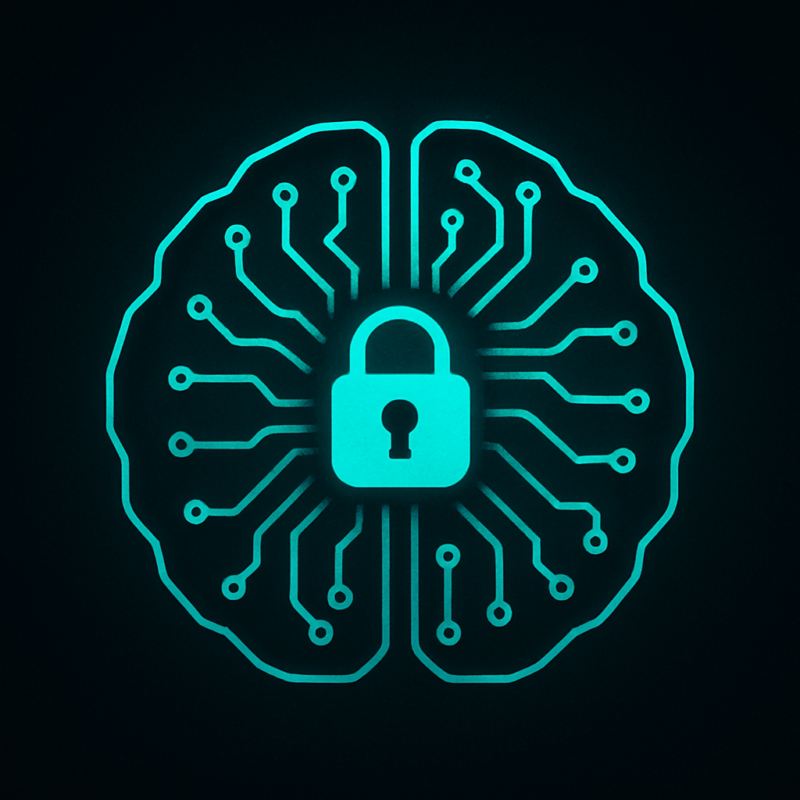 Digital illustration of a glowing teal AI brain with a central padlock, symbolizing common AI security issues and the importance of safeguarding AI systems.