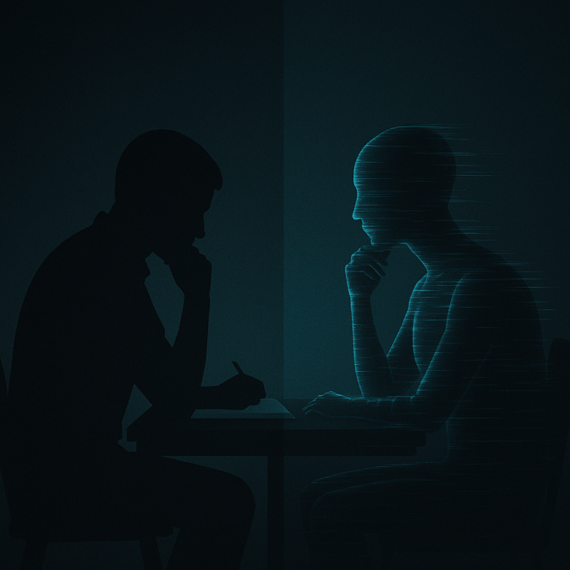 Abstract silhouette of a student mirrored by an AI reflection, symbolizing the threat of mimicry in higher education.