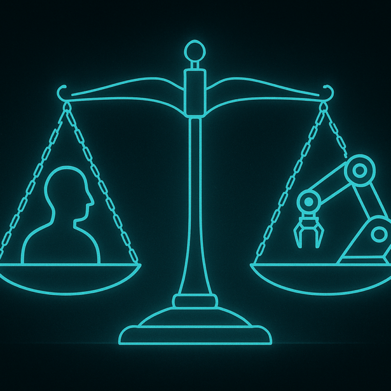 Digital illustration of a glowing teal scale balancing a human figure on one side and a robotic arm on the other, symbolizing AI-driven economic upheaval.
