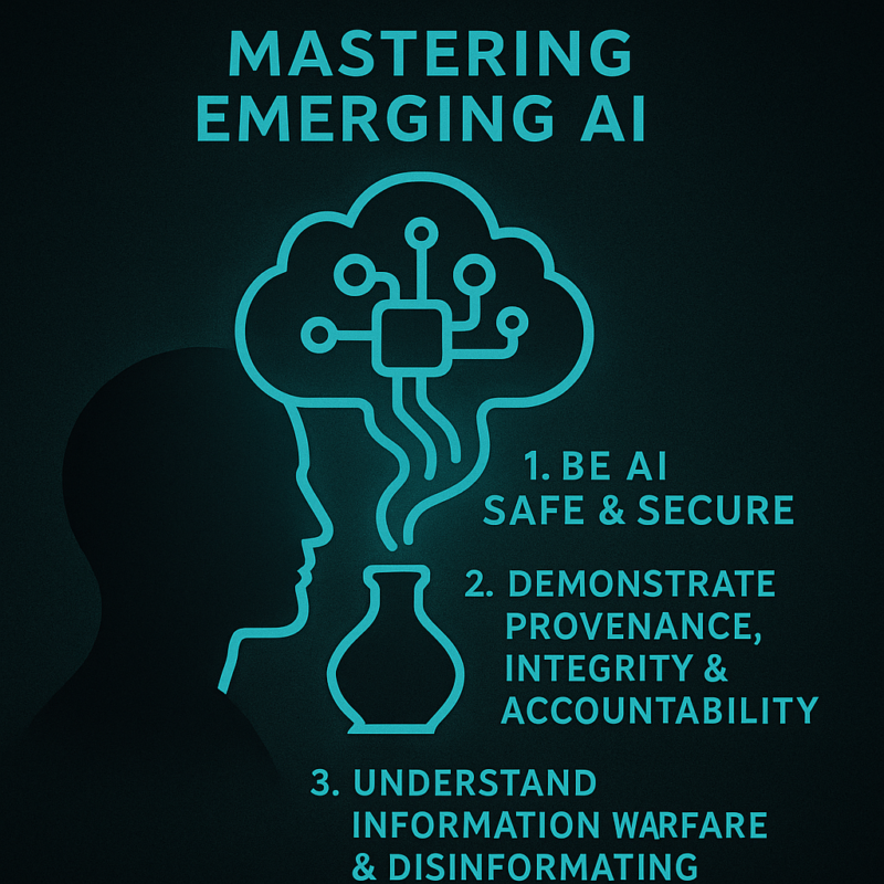 Digital illustration of a human profile with teal circuitry flowing into three highlighted principles: AI safety, accountability, and disinformation awareness.