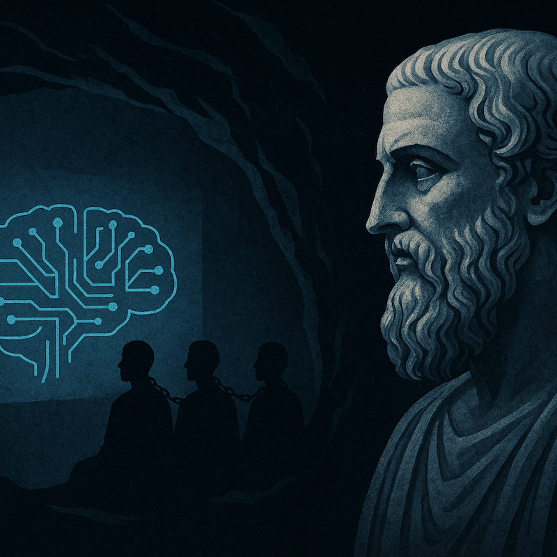 Digital illustration of Plato’s Cave reimagined for AI ethics, showing chained figures watching an AI brain projection with Plato observing.