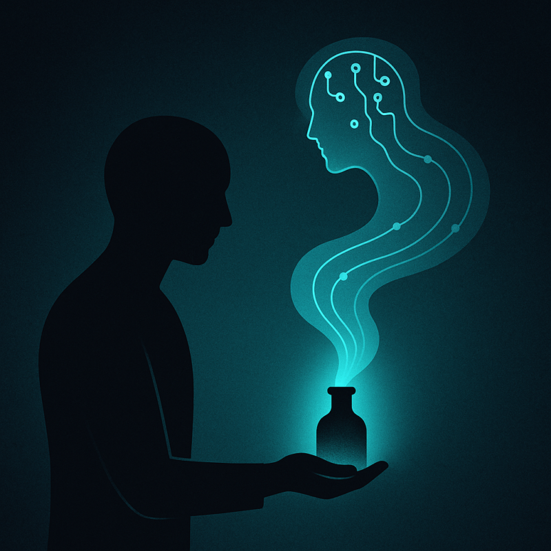 Abstract silhouette of a human releasing a glowing teal AI genie from a bottle, symbolizing the need for responsible AI use.