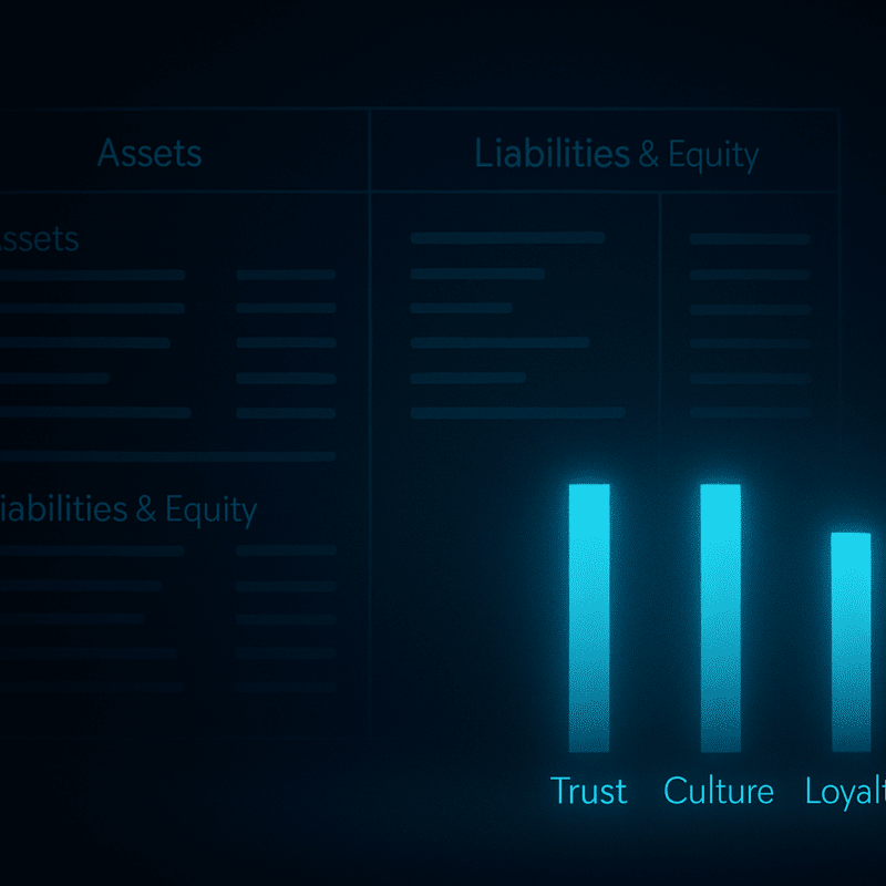 Minimalist dark teal image of a balance sheet casting a shadow that reveals a second ledger for trust, culture, and loyalty—symbolising AI’s hidden costs