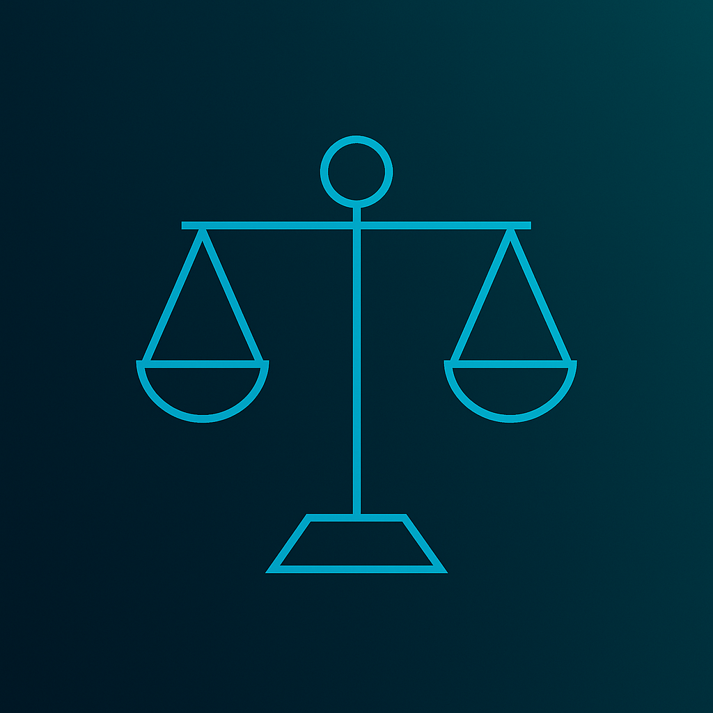 Minimalist teal-toned illustration of a balance scale representing AI accountability and liability